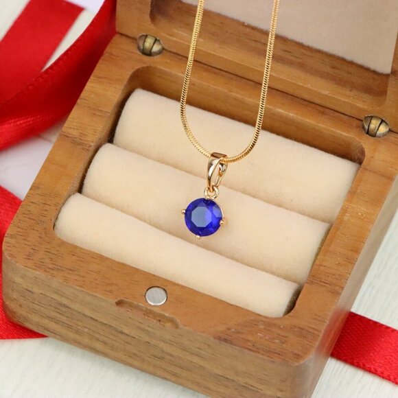 "Round Blue Stone Pendant in Gold Plated Brass – Dainty Everyday Charm, XPPT1758 - Picture 7 of 13